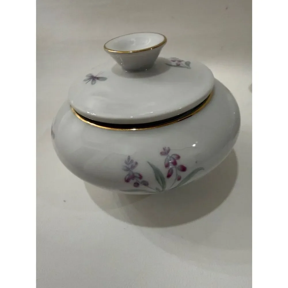 R KPM Krister Germany White Porcelain Creamer Sugar Bowl Tea Set Purple Floral
